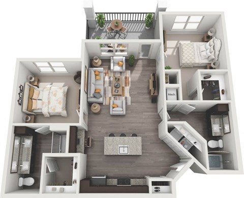 a floor plan of a two bedroom apartment with two bathrooms and a balcony